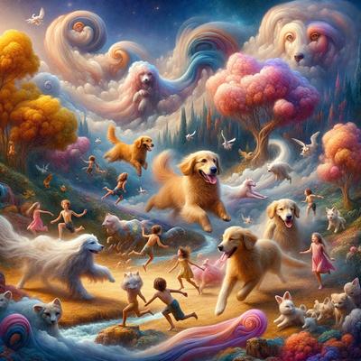 The primary subject of the image is a group of dogs, including a large brown dog, playing and running in a field. The setting is a lush, colorful landscape with a river and trees in the background. The visual style is a combination of digital art and illustration, creating a whimsical and vibrant atmosphere. The colors and mood are predominantly warm and cheerful, with the dogs' playfulness and the lush environment contributing to the overall positive and joyful mood of the image.